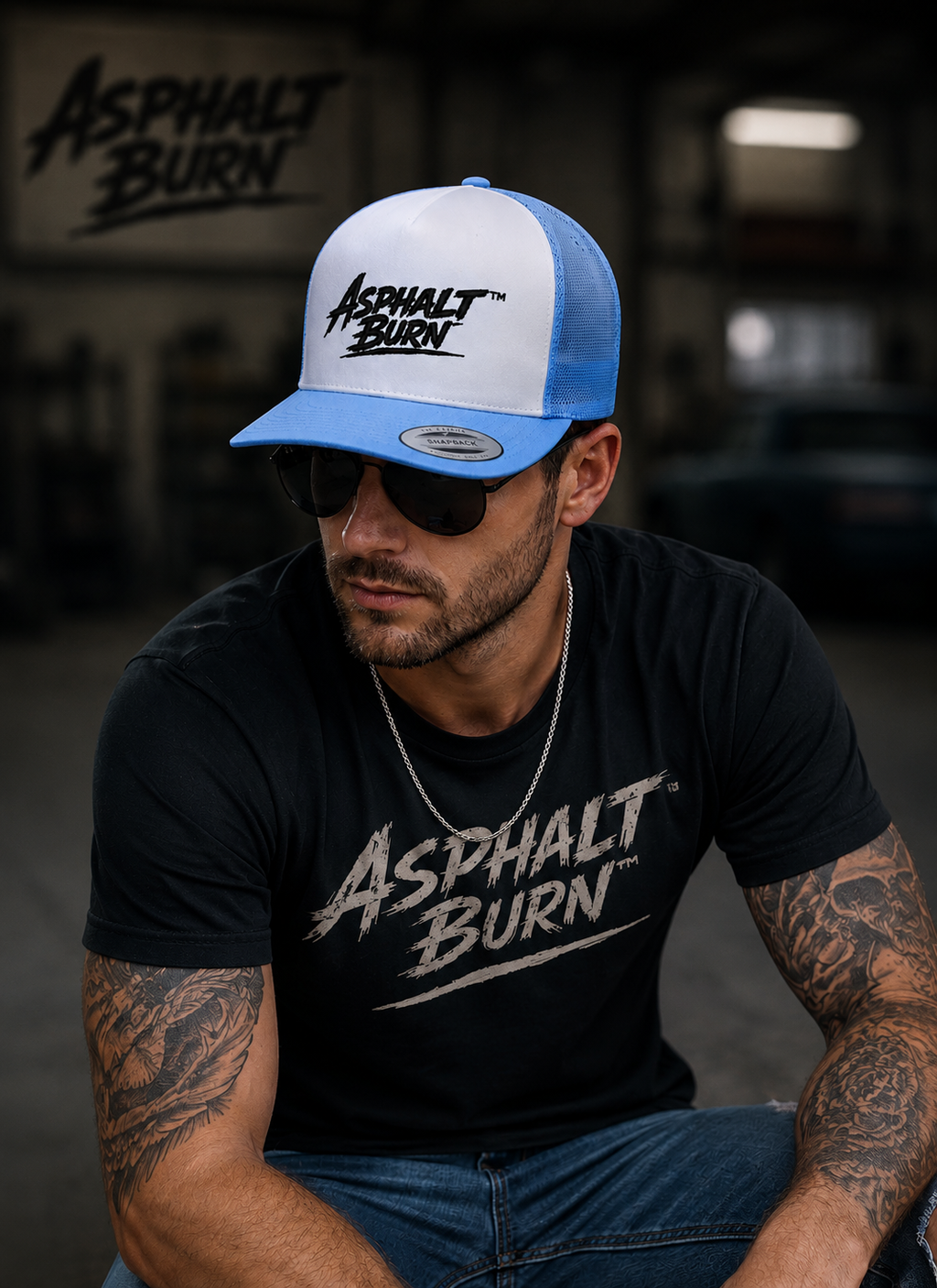 ASPHALT BURN™ Stacked Logo – Lifestyle mit Carolina Blue / White Premium Embroidered Trucker Cap