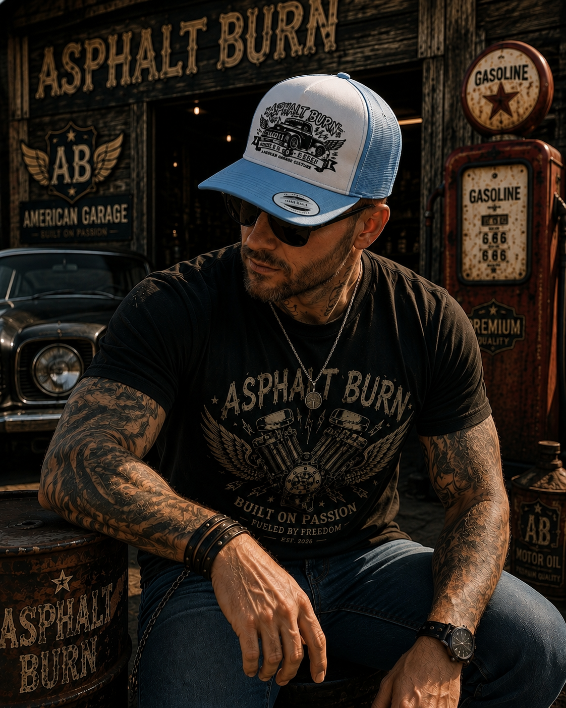 Engines Never Sleep – Lifestyle mit Carolina Blue / White Premium Trucker Cap