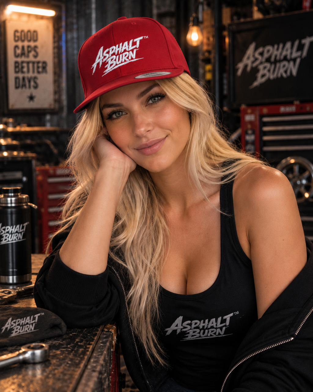 ASPHALT BURN™ Stacked Logo White – rote Classic Snapback im Lifestyle-Bild