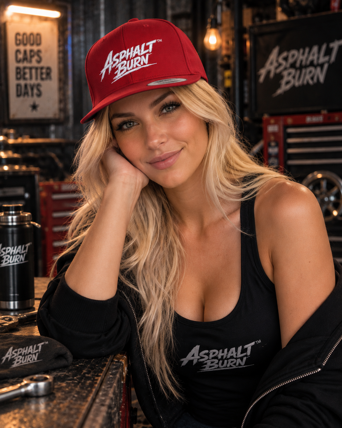 ASPHALT BURN™ Stacked Logo White – rote Classic Snapback im Lifestyle-Bild