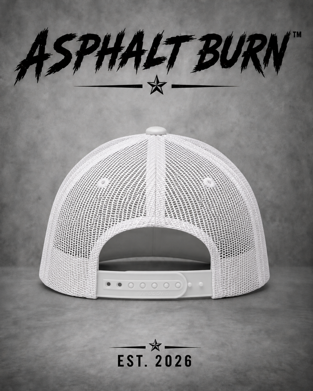 ASPHALT BURN™ V8 Afterlife – weiße FLEXFIT FX6006 Premium Trucker Cap, Rückansicht