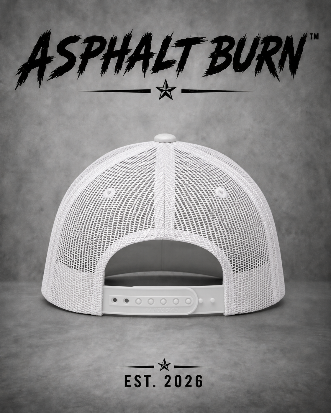 ASPHALT BURN™ V8 Afterlife – weiße FLEXFIT FX6006 Premium Trucker Cap, Rückansicht