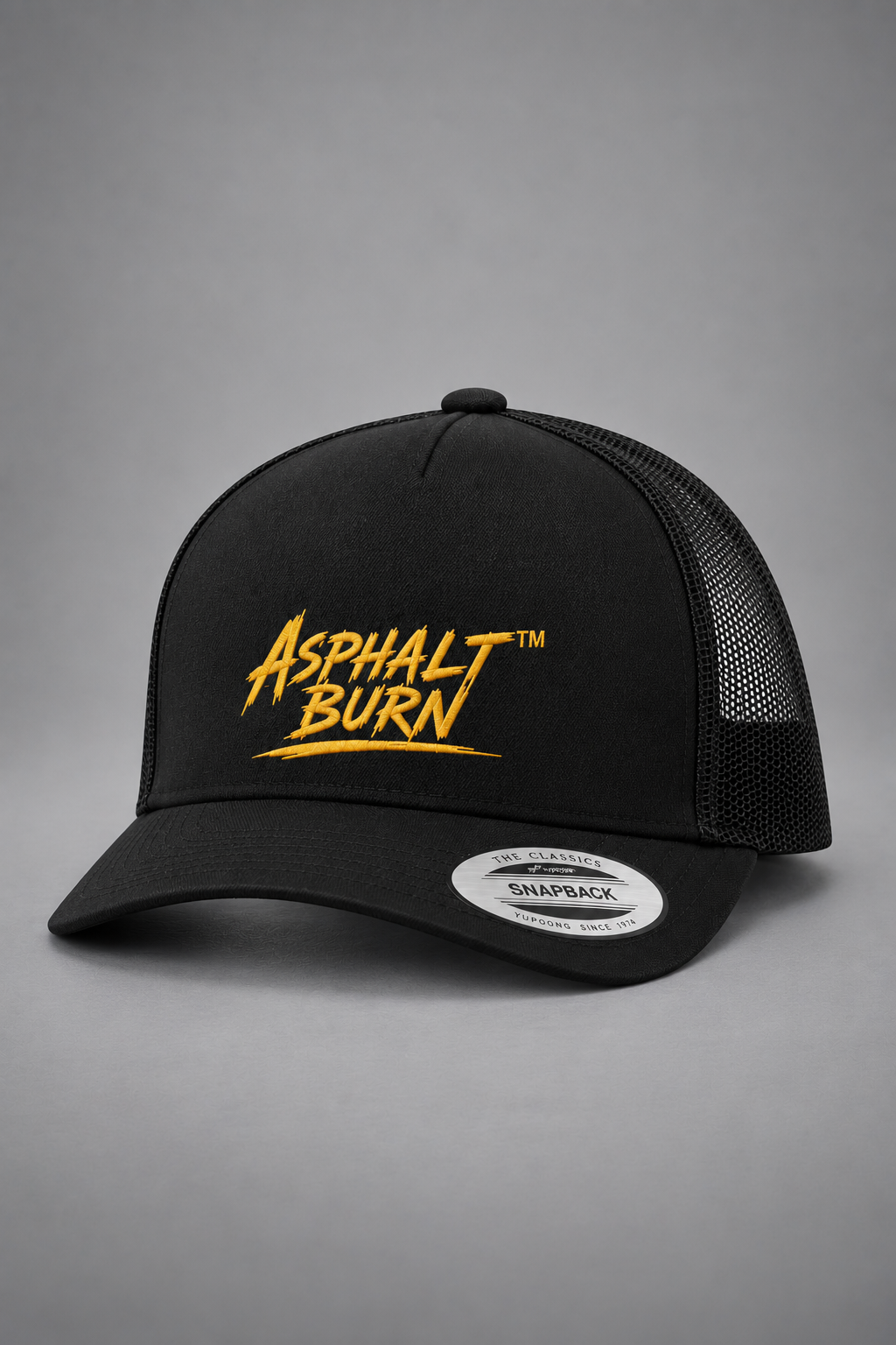 ASPHALT BURN™ Stacked Logo Citrus – Black Classic Trucker Cap