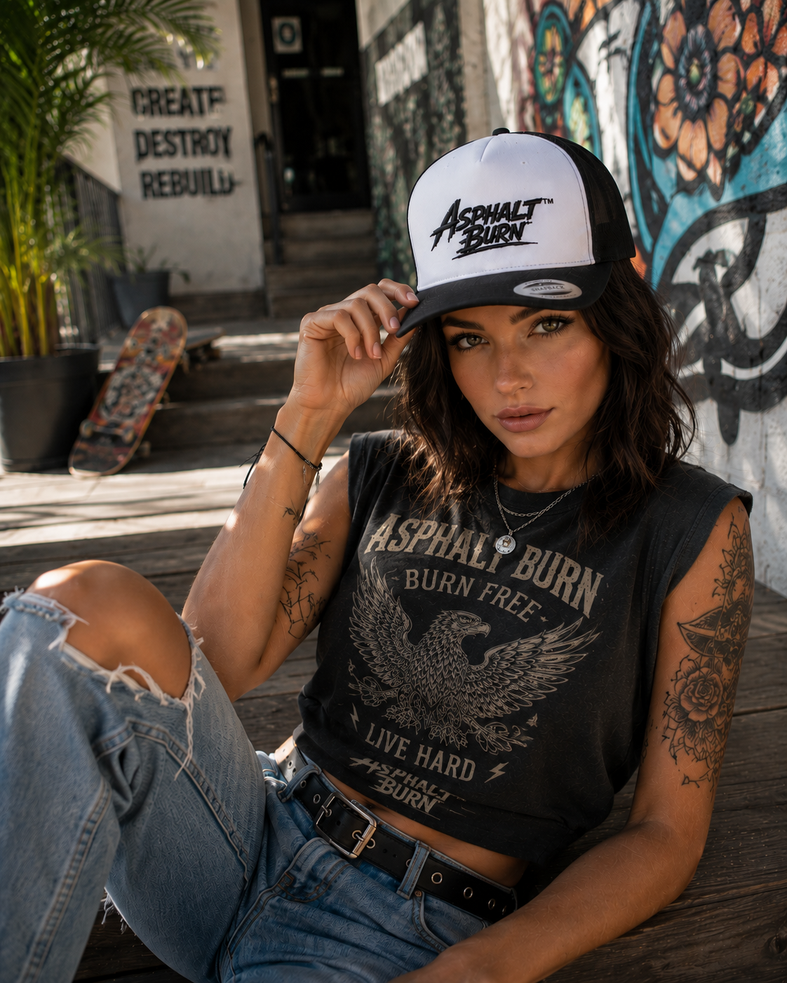 ASPHALT BURN™ Stacked Logo – Lifestyle mit Black / White Premium Embroidered Trucker Cap
