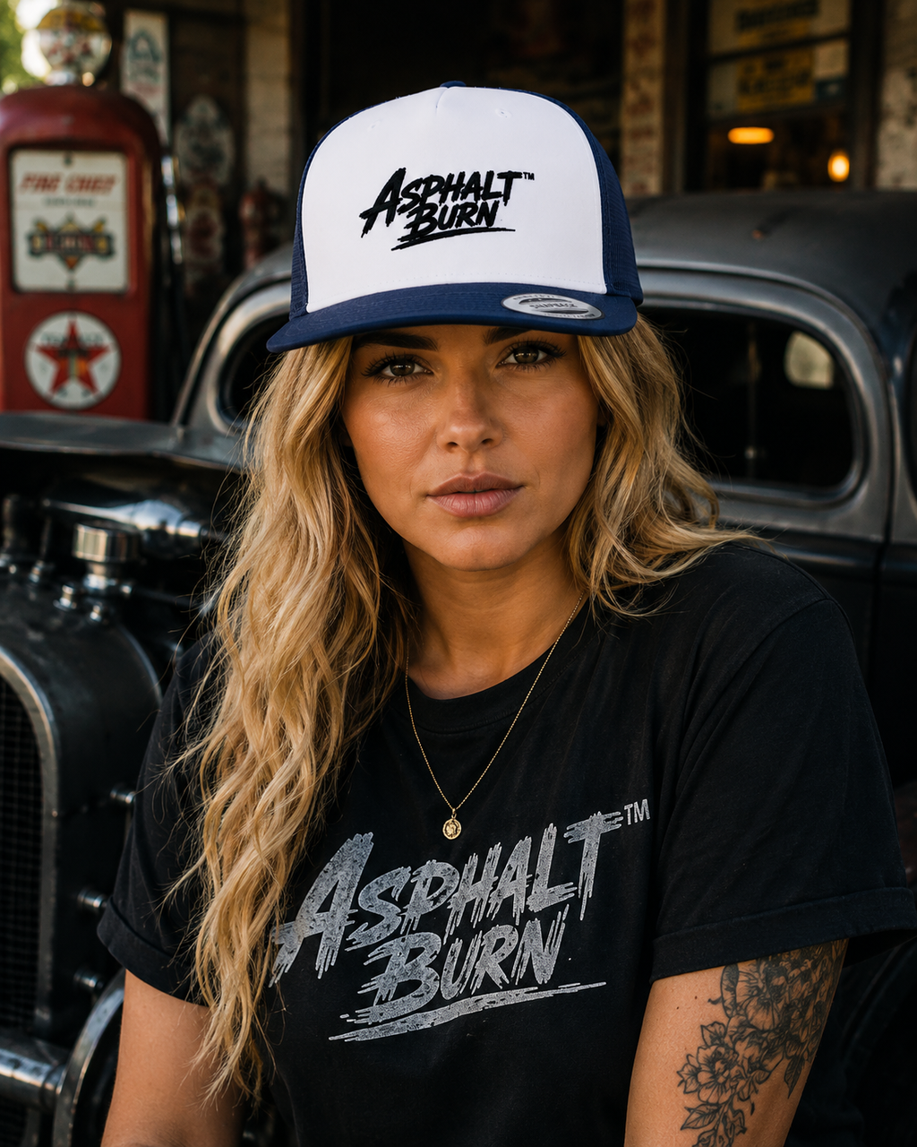 ASPHALT BURN™ Stacked Logo – Lifestyle mit Navy / White Premium Embroidered Trucker Cap