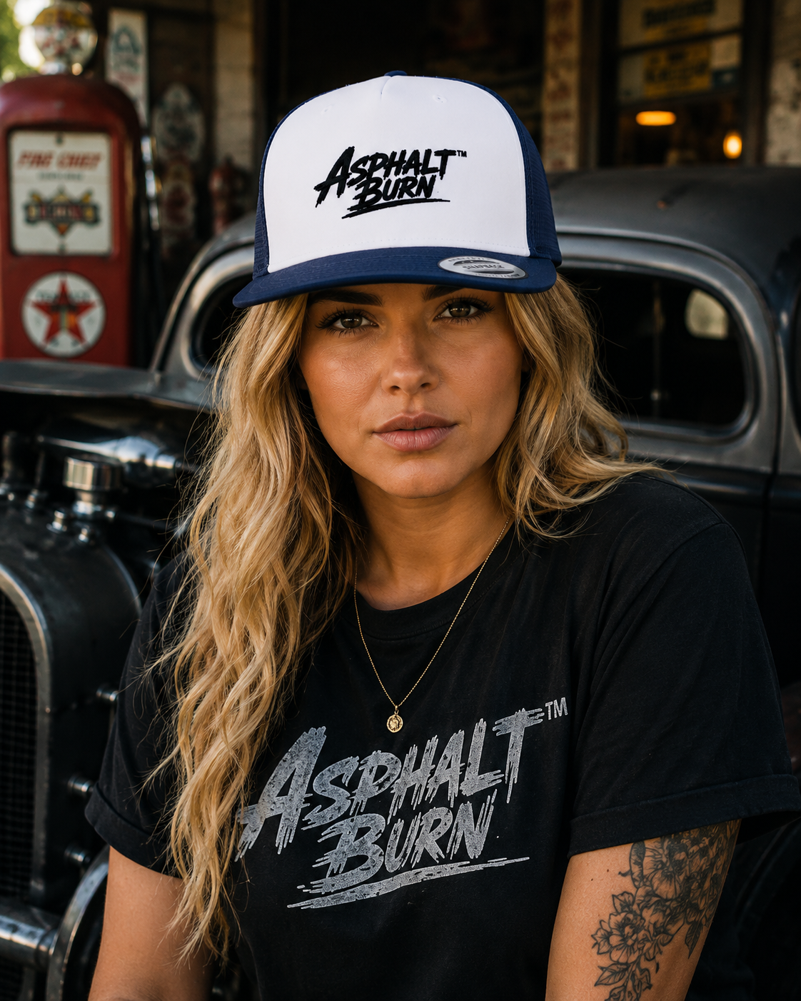 ASPHALT BURN™ Stacked Logo – Lifestyle mit Navy / White Premium Embroidered Trucker Cap