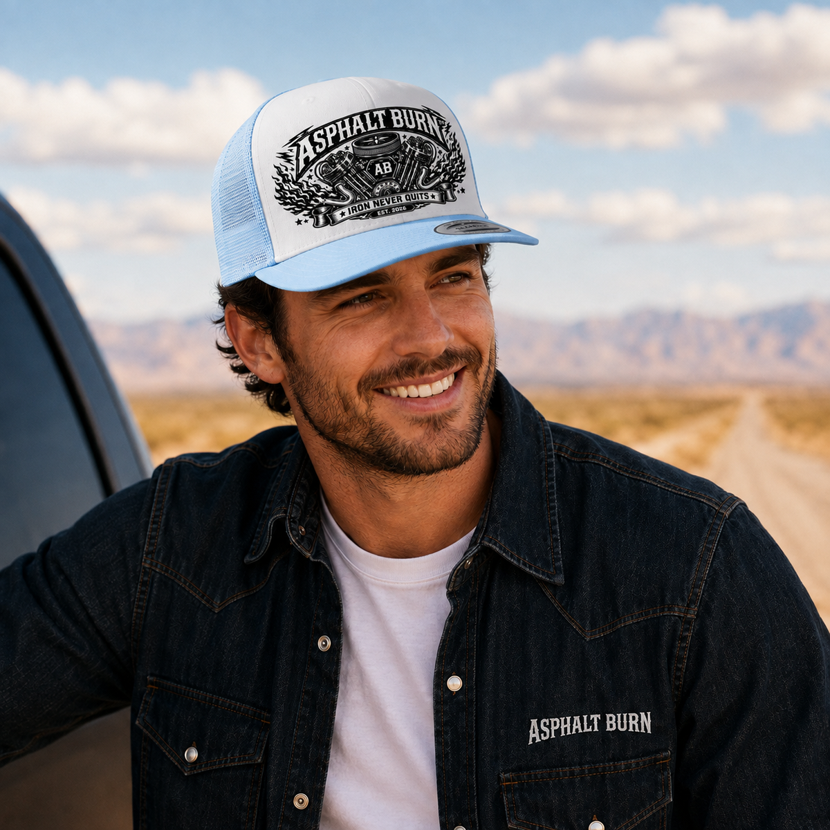 Iron Never Quits – Lifestyle mit Carolina Blue / White Premium Trucker Cap