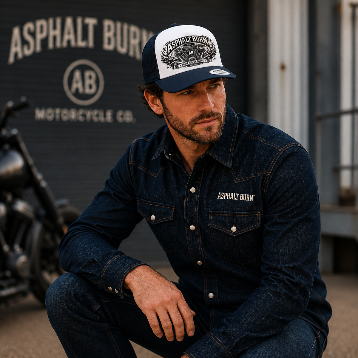 Iron Never Quits – Lifestyle mit Navy / White Premium Trucker Cap