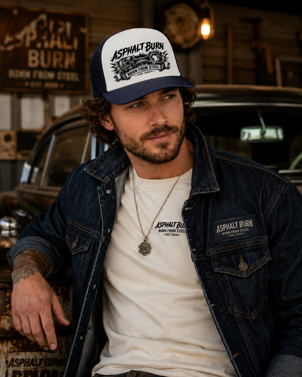 Born From Steel – Lifestyle mit Navy / White Premium Trucker Cap