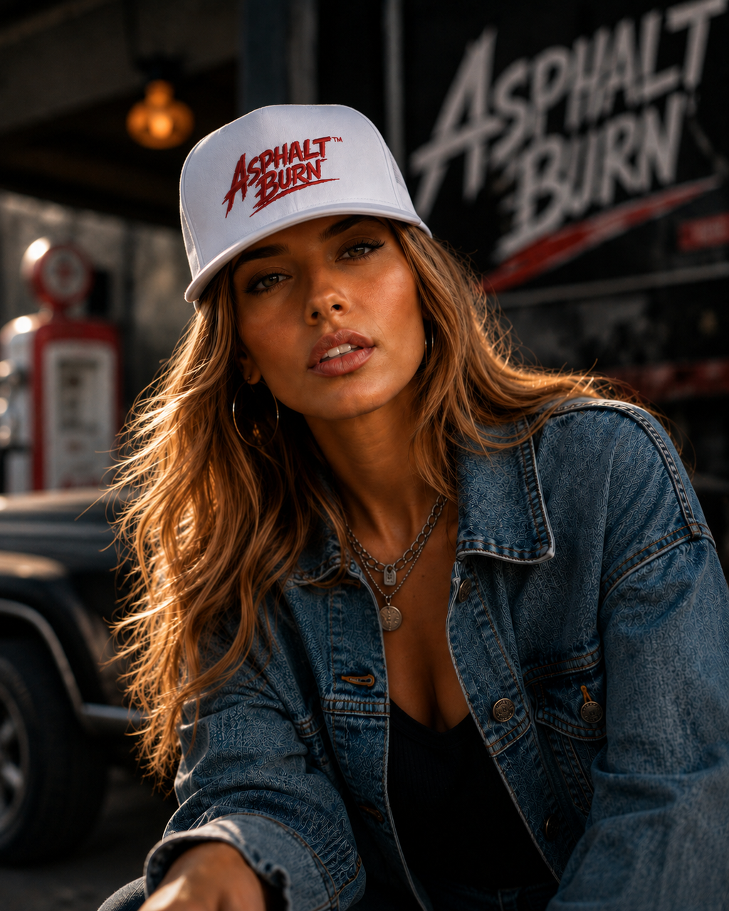 ASPHALT BURN™ Horizontal Logo White – Lifestyle mit weißer Classic Trucker Cap
