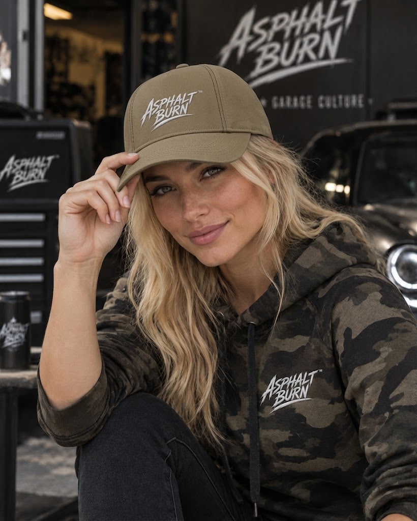 ASPHALT BURN™ Brush Logo – Dark Khaki 6-Panel Cap, Lifestyle